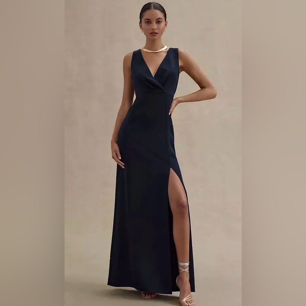 Anthropologie BHLDN Midnight Blue Piper V-Neck Side Slit Gown, Size 10 (v)